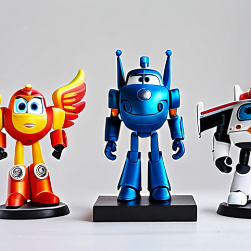 Home 14 A diverse collection of modern Super Wings toy figures, meticulously arranged on a clean, white display pedestal in a professional studio setting. The figures exhibit advanced engineering, smooth transformation mechanisms, and vibrant, durable finishes, highlighting their evolution in design and playability. Each figure is in perfect condition, showcasing well-formed details and correct proportions. The lighting is bright and even, emphasizing textures and colors. Studio photography, high detail, high resolution, professional, appropriate content, safe for work, fully clothed, family-friendly.