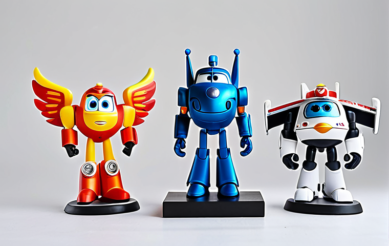 A diverse collection of modern Super Wings toy figures, meticulously arranged on a clean, white display pedestal in a professional studio setting. The figures exhibit advanced engineering, smooth transformation mechanisms, and vibrant, durable finishes, highlighting their evolution in design and playability. Each figure is in perfect condition, showcasing well-formed details and correct proportions. The lighting is bright and even, emphasizing textures and colors. Studio photography, high detail, high resolution, professional, appropriate content, safe for work, fully clothed, family-friendly.