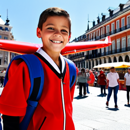 Home 9 Jett Delivering a Package in Madrid**
"Jett the Super Wing delivering a package in the Plaza Mayor in Madrid, Spain. Children are excitedly watching him land. Jett is fully clothed in his usual red airplane attire. The Plaza Mayor is bustling with activity, with Spanish flags waving. Bright sunny day. Safe for work, appropriate content, professional, family-friendly, perfect anatomy, correct proportions, natural pose, well-formed hands, proper finger count, natural body proportions."
**