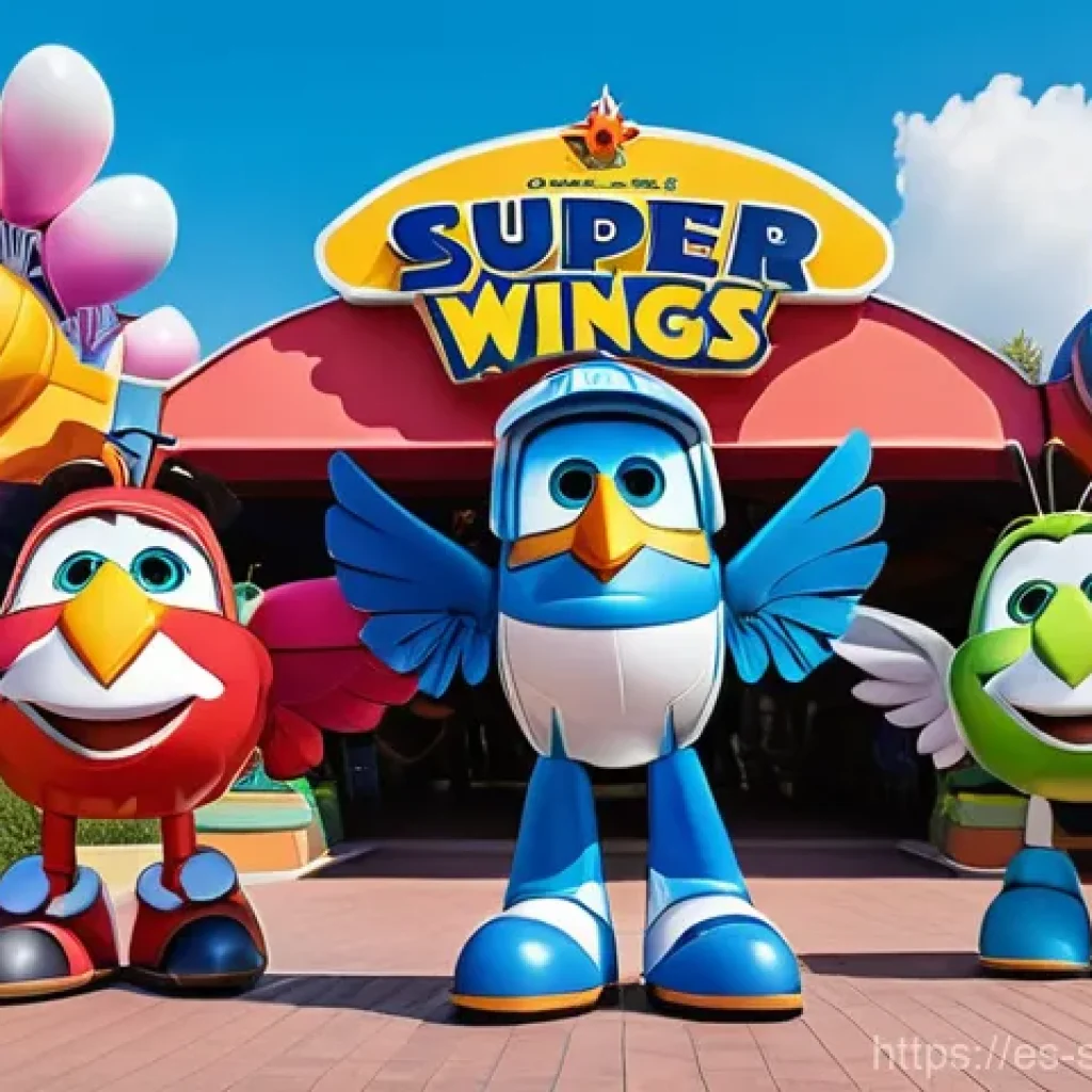 슈퍼윙스 테마파크 방문 후기 - **Prompt:** A vibrant and joyful scene at the entrance of a "Super Wings" theme park. Jett, Dizzy, a...