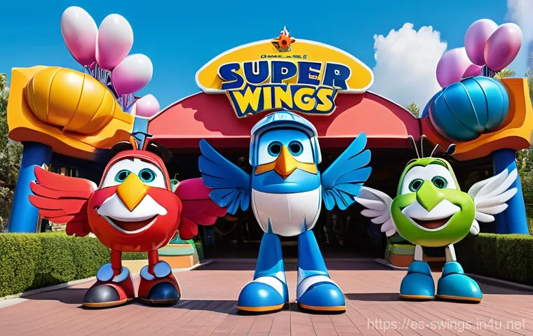 슈퍼윙스 테마파크 방문 후기 - **Prompt:** A vibrant and joyful scene at the entrance of a "Super Wings" theme park. Jett, Dizzy, a...