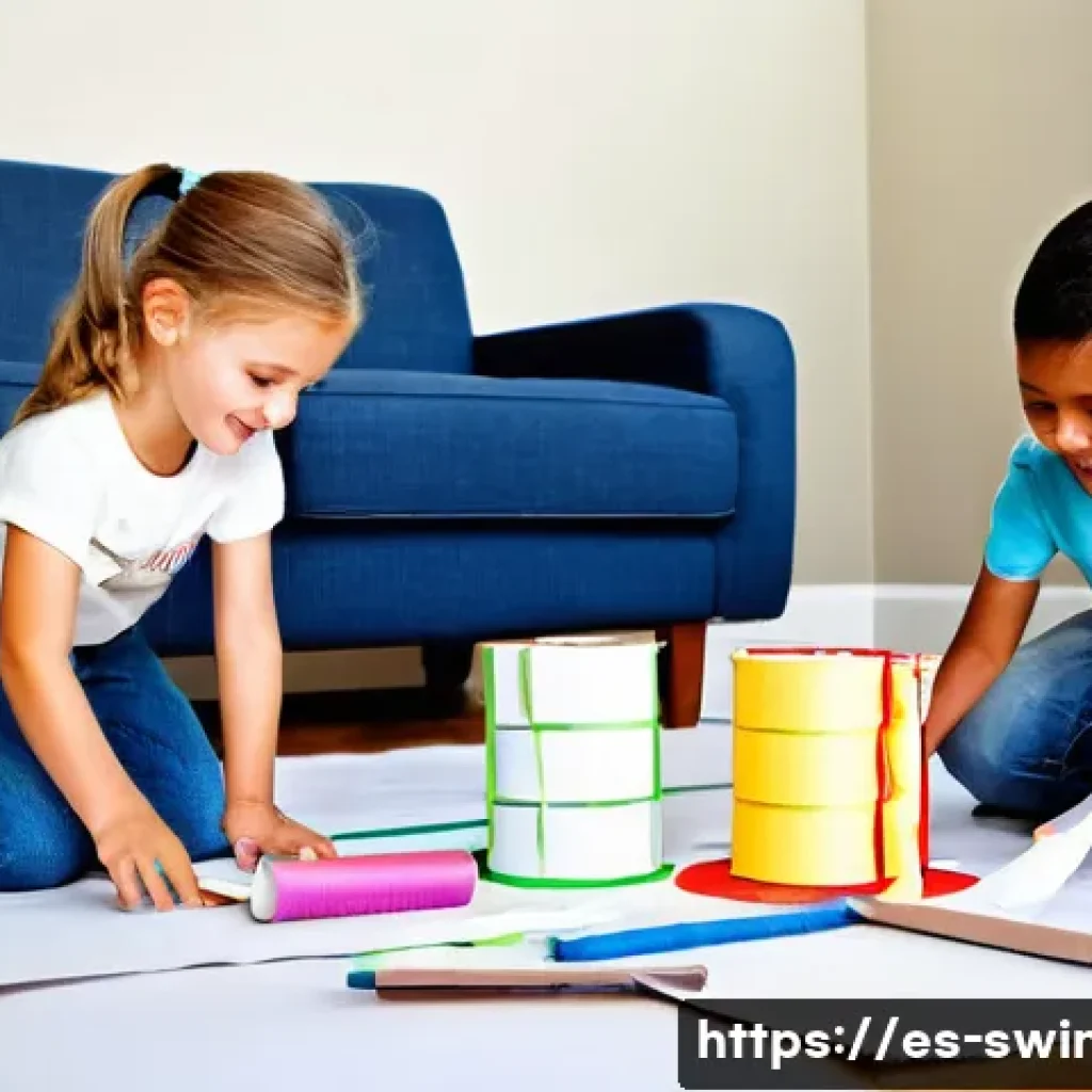 슈퍼윙스 DIY 공작 아이디어 - **Prompt 1: Homemade Airport Construction Fun**
    "A vibrant, eye-level shot of three diverse chil...