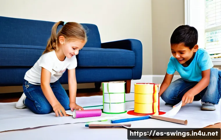 슈퍼윙스 DIY 공작 아이디어 - **Prompt 1: Homemade Airport Construction Fun**
    "A vibrant, eye-level shot of three diverse chil...