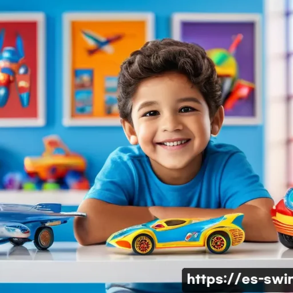 슈퍼윙스 한정판 제품 정보 - A vibrant playroom scene featuring a young Hispanic boy proudly displaying his limited edition Super...