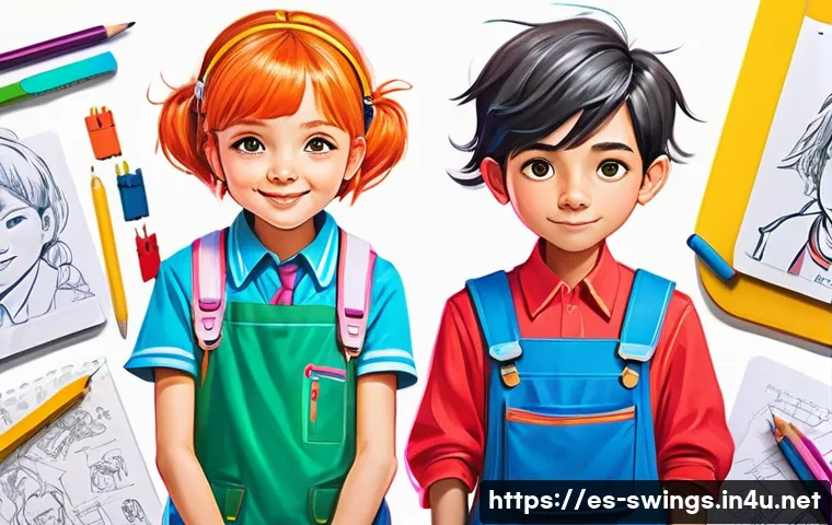 슈퍼윙스 아트북 발간 소식 - A vibrant and detailed artbook scene showcasing original character sketches of a young boy and girl ...