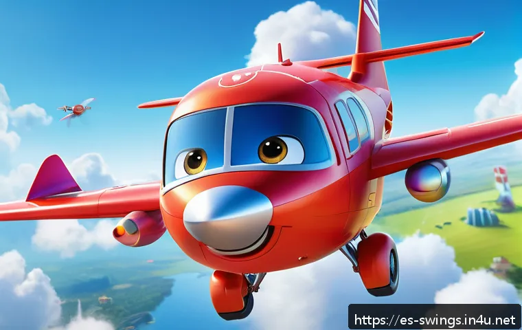 슈퍼윙스 아리의 등장 에피소드 - A vibrant and dynamic scene featuring Ari from Super Wings, depicted as a sleek, modern airplane cha...
