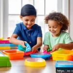 Home 19 슈퍼윙스 장난감 관리 팁 - A bright and colorful playroom scene featuring a diverse group of children carefully cleaning their ...