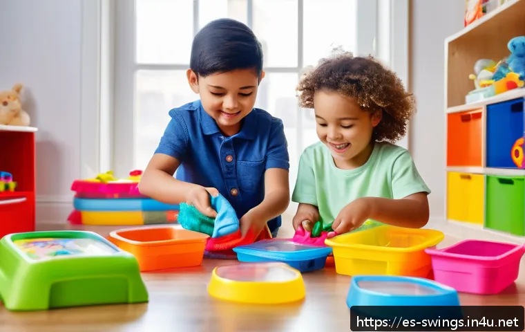 슈퍼윙스 장난감 관리 팁 - A bright and colorful playroom scene featuring a diverse group of children carefully cleaning their ...