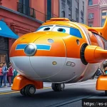 Home 22 슈퍼윙스 유니와 변신 장면 - A highly detailed scene of a futuristic transforming Super Wings character in mid-transformation fro...