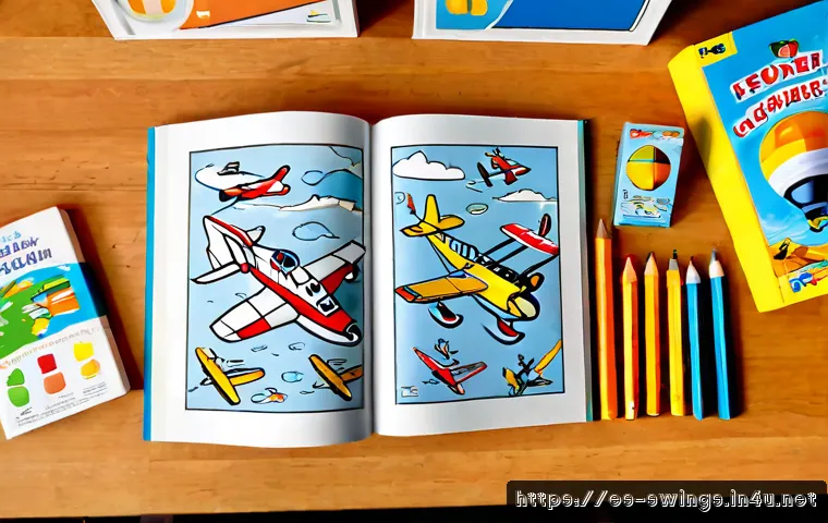 슈퍼윙스 컬러링북 추천 - Photorealistic overhead view of a Spanish family shopping table with two open children’s coloring bo...